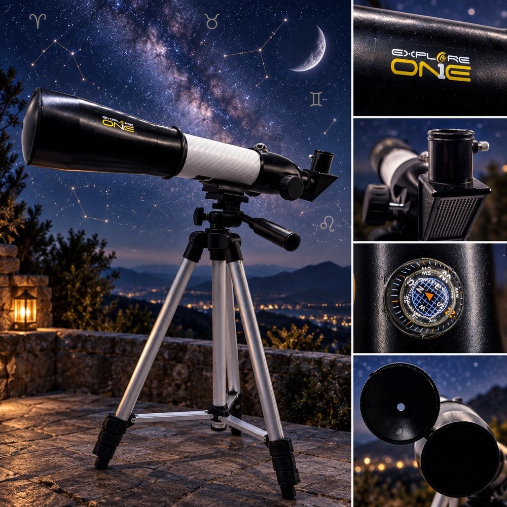 Explore One Refractor Telescope with Tripod and Built-in Compass Black White